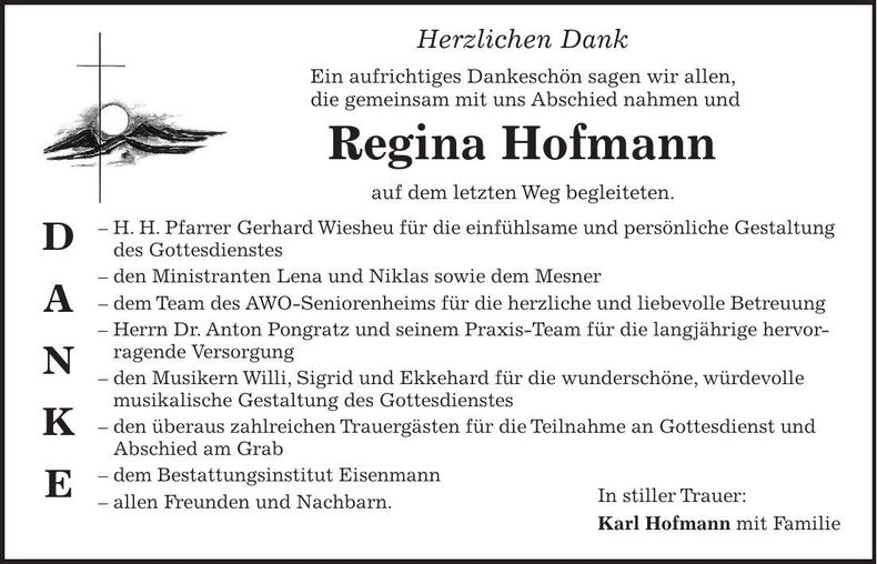 Traueranzeige Hofmann Regina