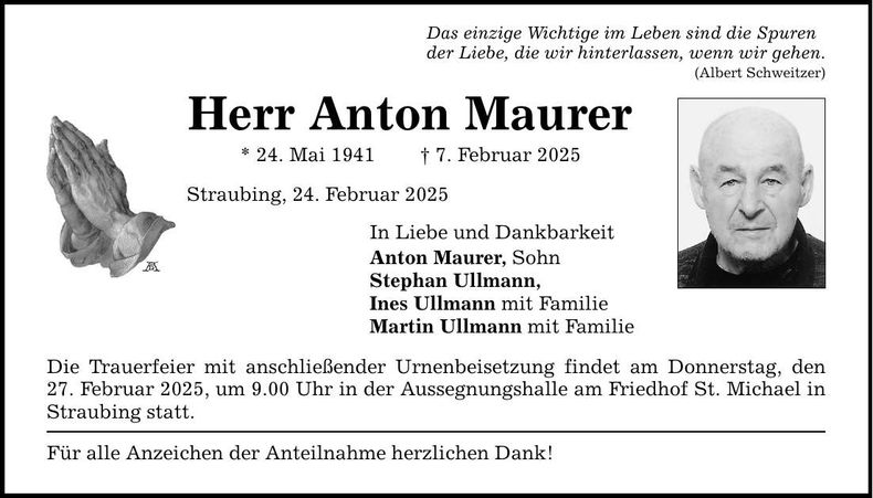 Traueranzeige Anton Maurer
