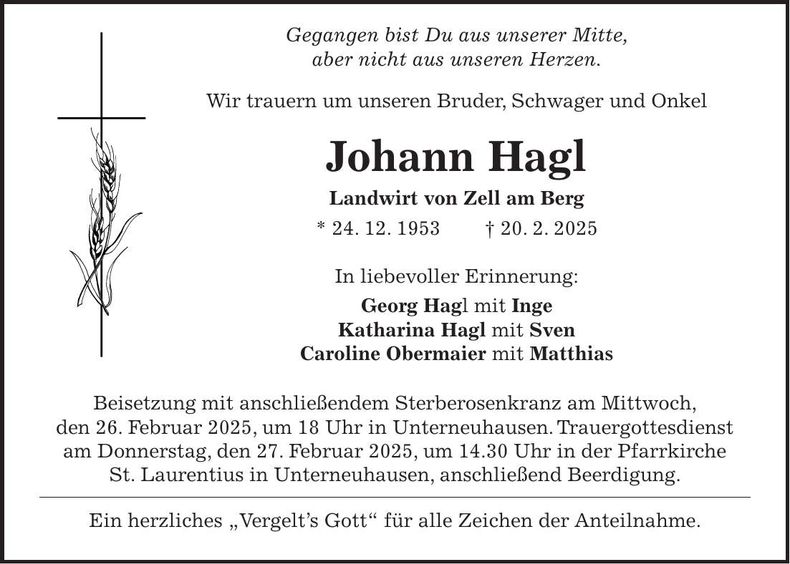 Traueranzeige Johann Hagl
