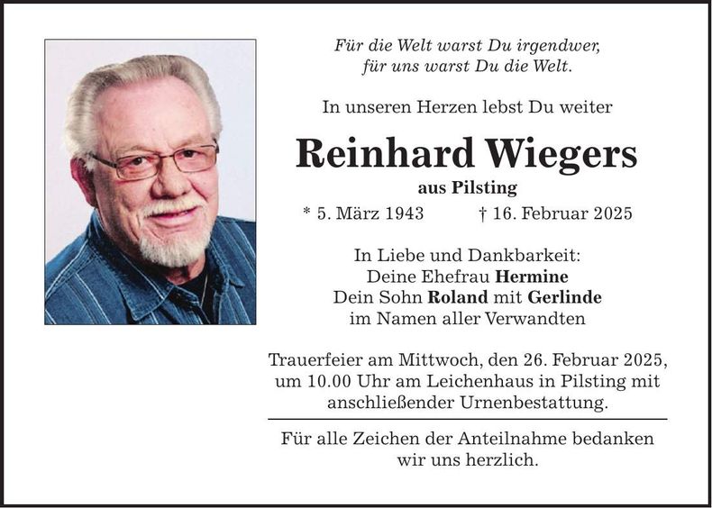 Traueranzeige Reinhard Wiegers