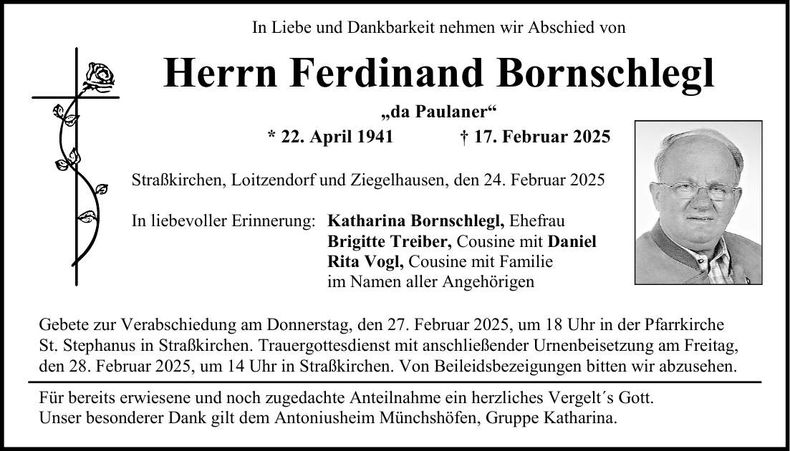 Traueranzeige Ferdinand Bornschlegl