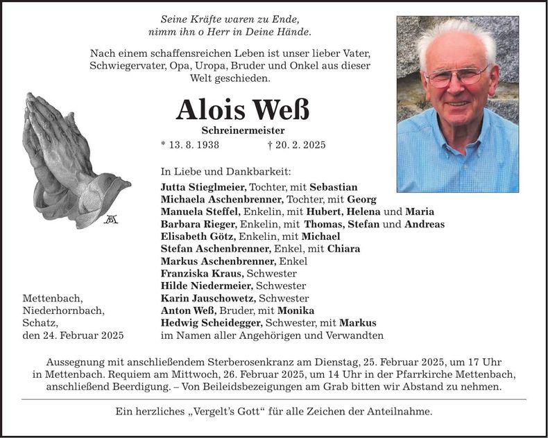Traueranzeige Alois Weß