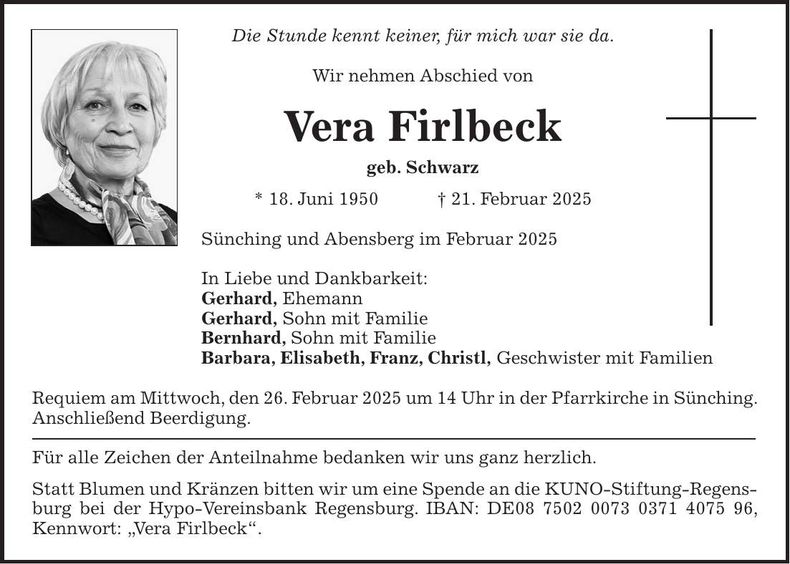 Traueranzeige Vera Firlbeck