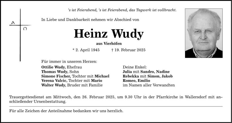 Traueranzeige Heinz Wudy