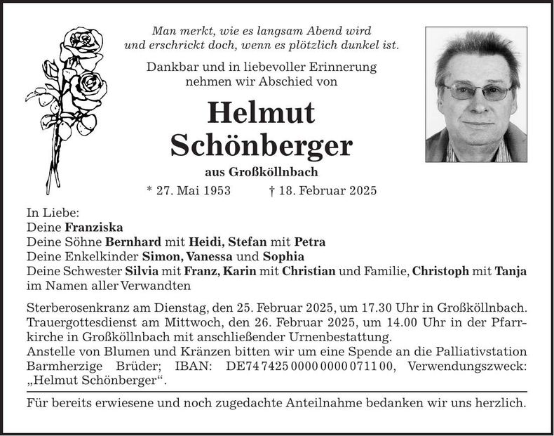 Traueranzeige Helmut Schönberger
