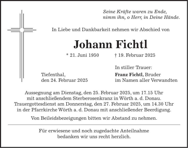 Traueranzeige Johann Fichtl