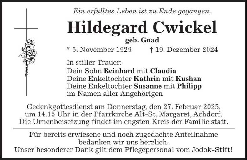 Traueranzeige Hildegard Cwickel