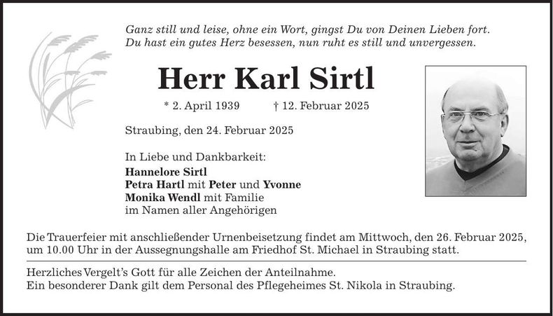 Traueranzeige Karl Sirtl