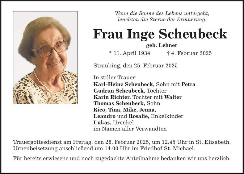 Traueranzeige Inge Scheubeck