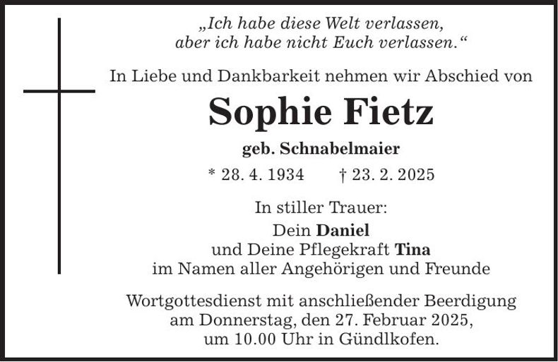 Traueranzeige Sophie Fietz