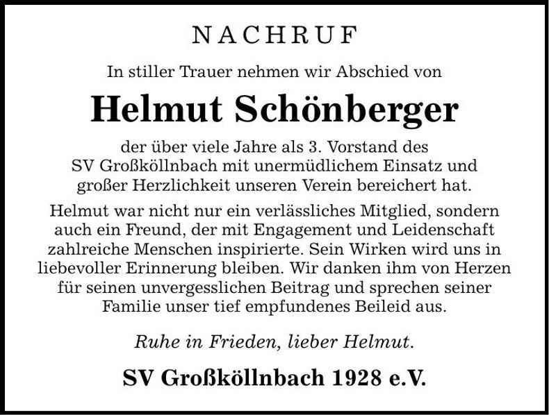 Traueranzeige Helmut Schönberger