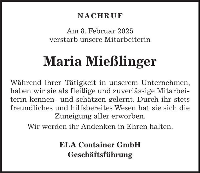 Traueranzeige Maria Mießlinger