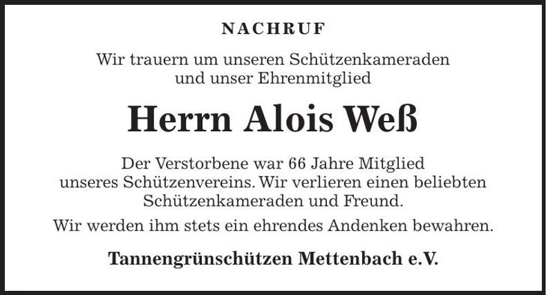 Traueranzeige Alois Weß