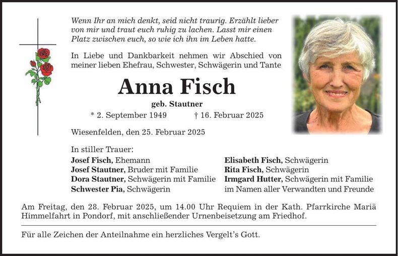 Traueranzeige Anna Fisch