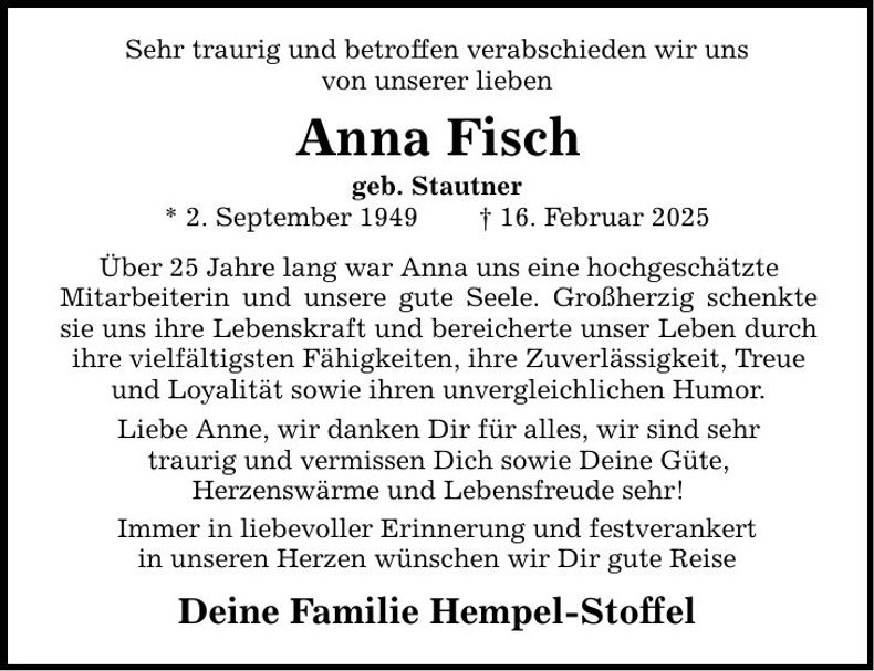 Traueranzeige Anna Fisch