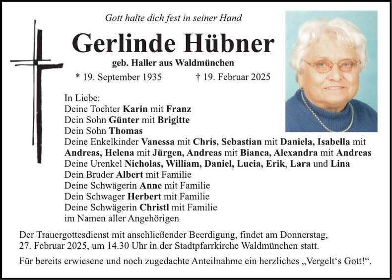 Traueranzeige Gerlinde Hübner