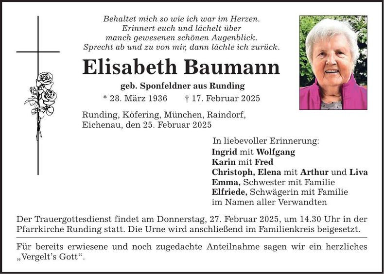 Traueranzeige Elisabeth Baumann