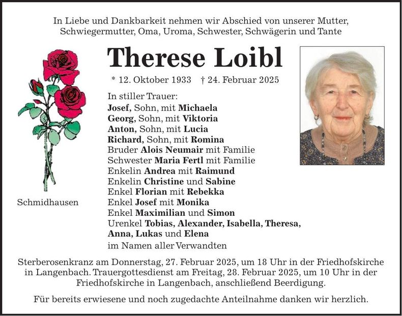 Traueranzeige Therese Loibl