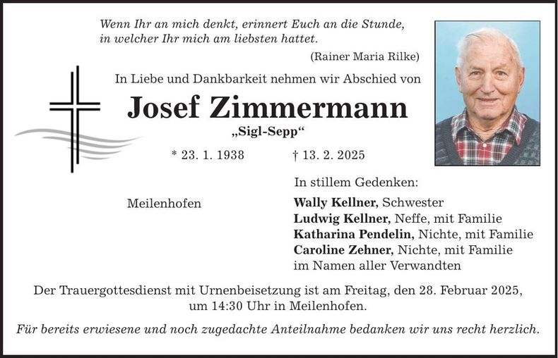 Traueranzeige Josef Zimmermann