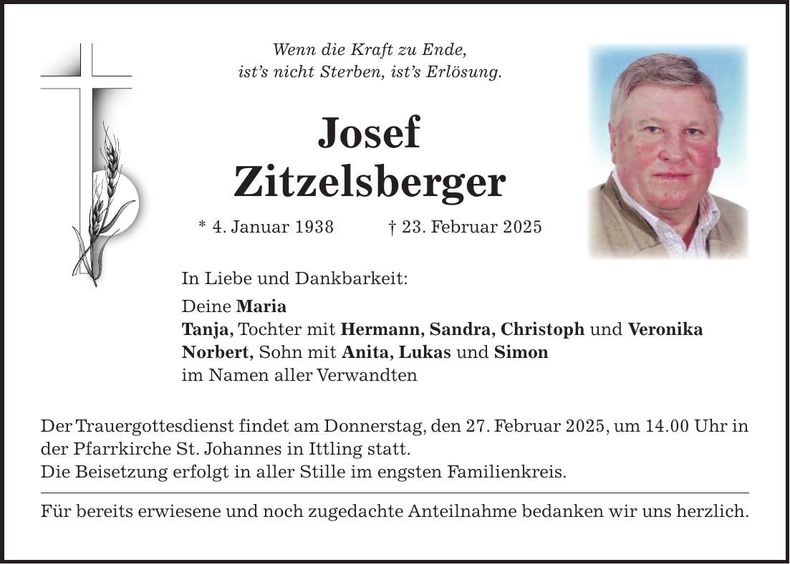 Traueranzeige Josef Zitzelsberger