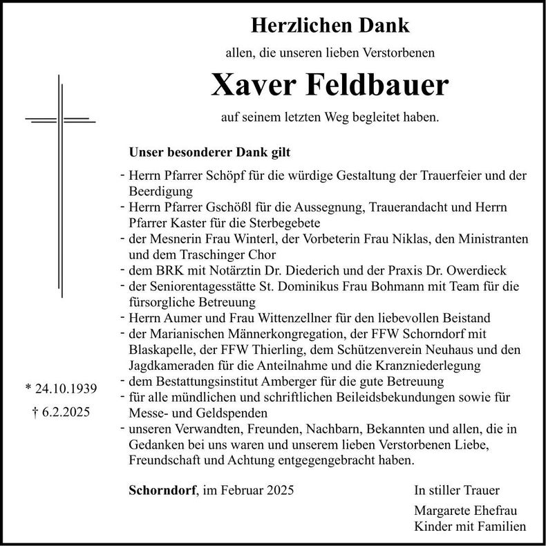 Traueranzeige Xaver Feldbauer