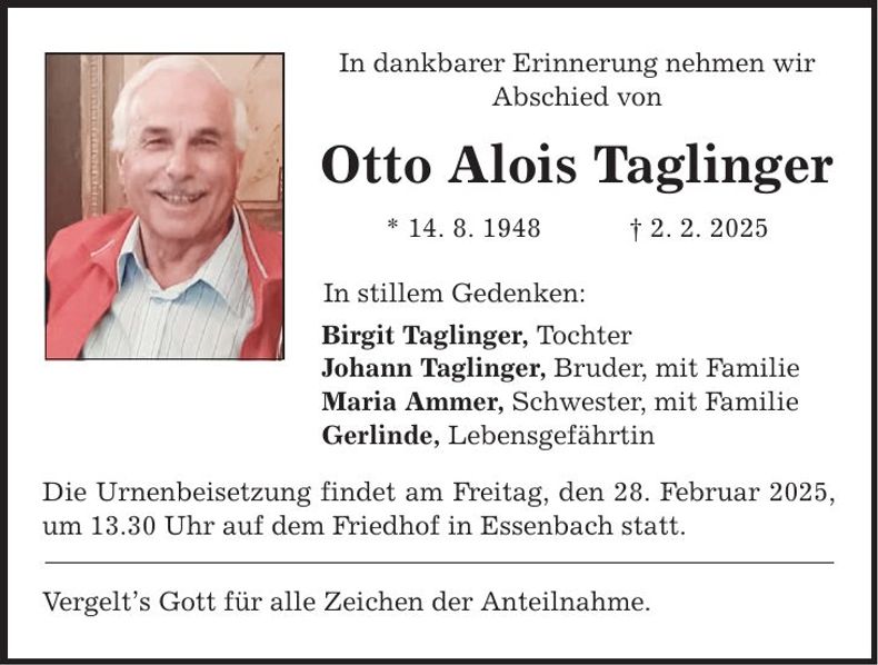Traueranzeige Taglinger Otto Alois