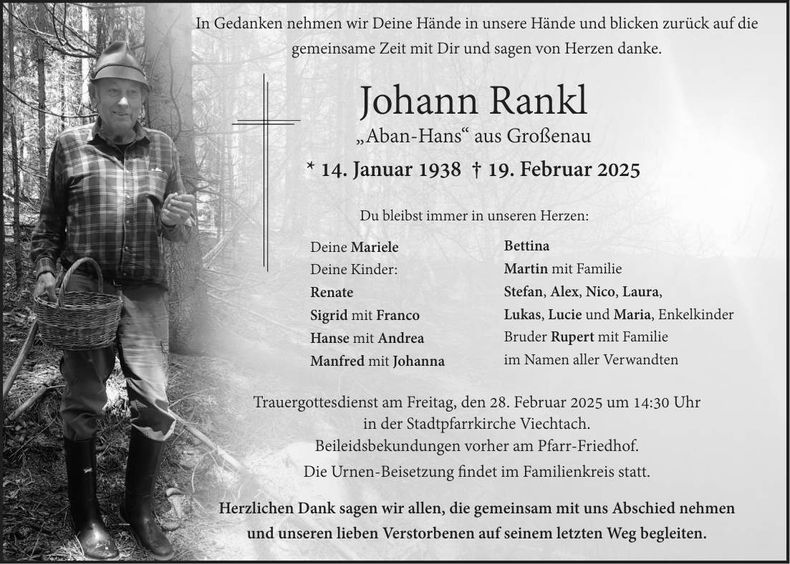 Traueranzeige Johann Rankl