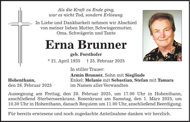 Traueranzeige Erna Brunner