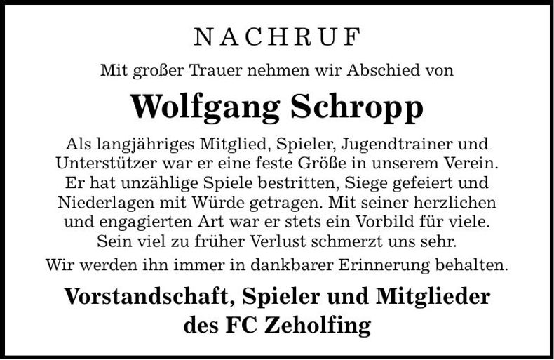 Traueranzeige Wolfgang Schropp