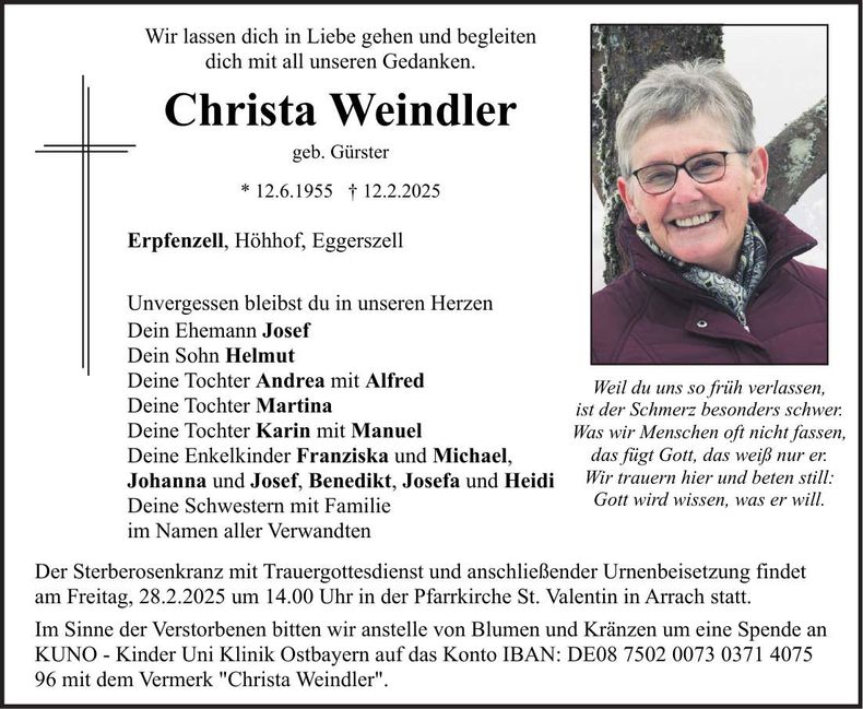 Traueranzeige Christa Weindler