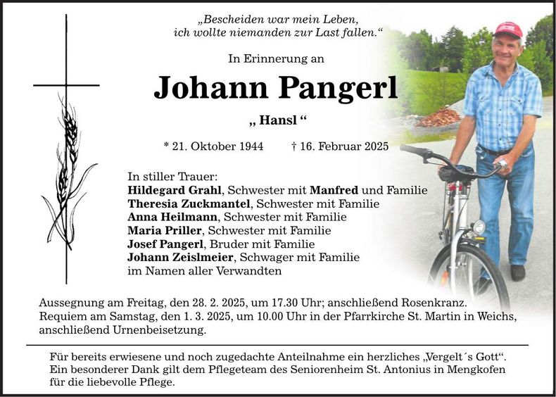 Traueranzeige Johann Pangerl