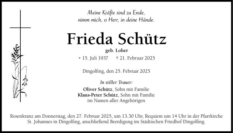 Traueranzeige Frieda Schütz