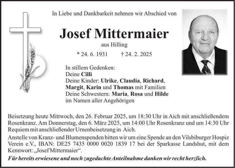 Traueranzeige Josef Mittermaier