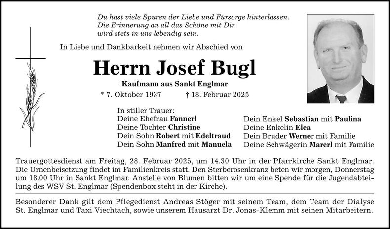 Traueranzeige Josef Bugl
