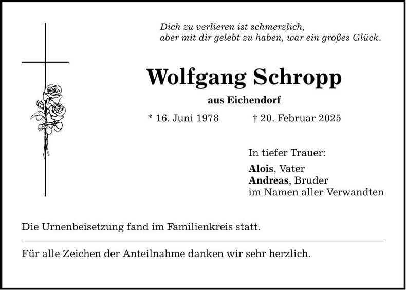 Traueranzeige Wolfgang Schropp
