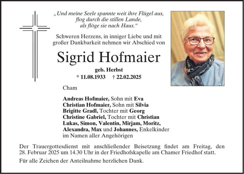 Traueranzeige Sigrid Hofmaier