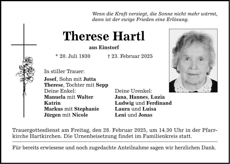 Traueranzeige Franziska Hartl