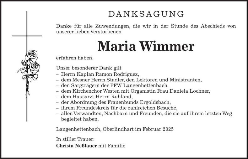 Traueranzeige Maria Wimmer
