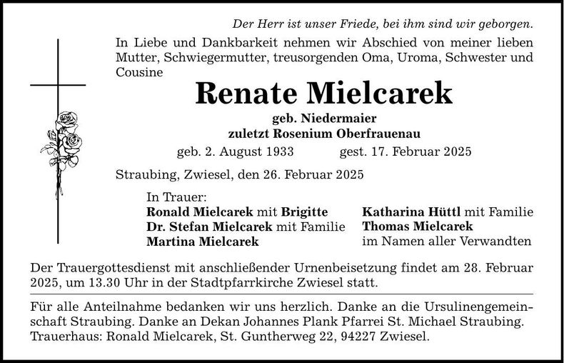 Traueranzeige Renate Mielcarek