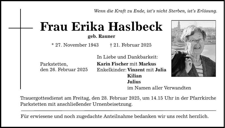 Traueranzeige Erika Haslbeck