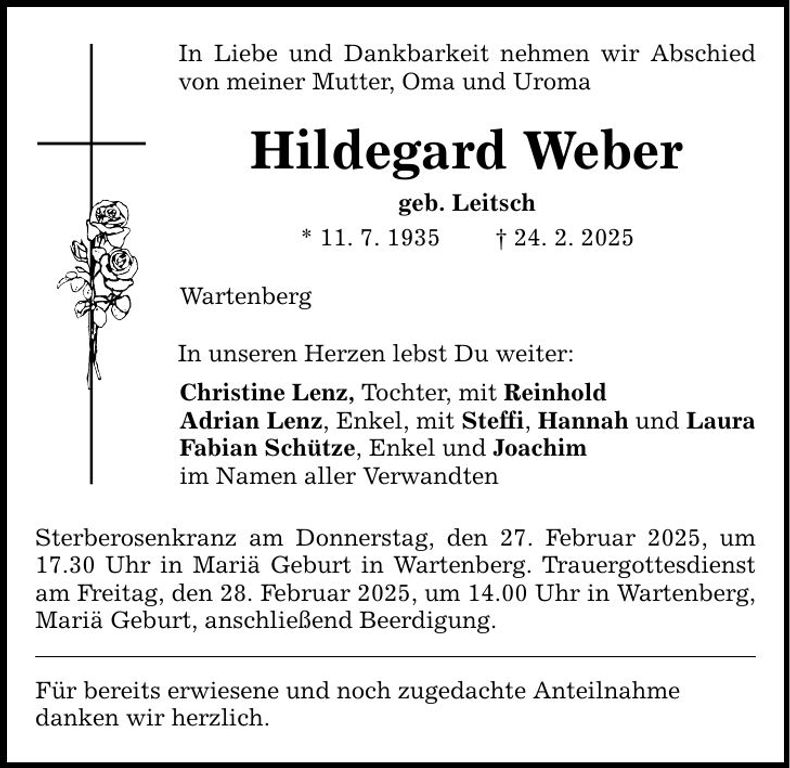 Traueranzeige Hildegard Weber