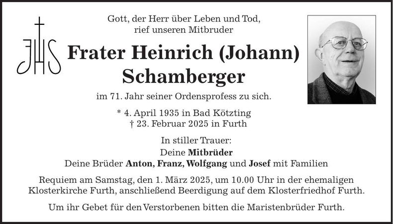 Traueranzeige Heinrich (Johann) Frater Schamberger