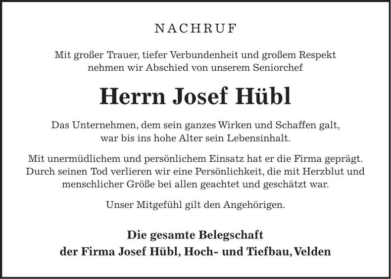 Traueranzeige Josef Hübl