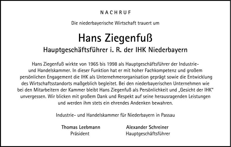 Traueranzeige Hans Ziegenfuß