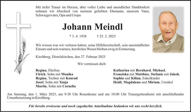 Traueranzeige Johann Meindl