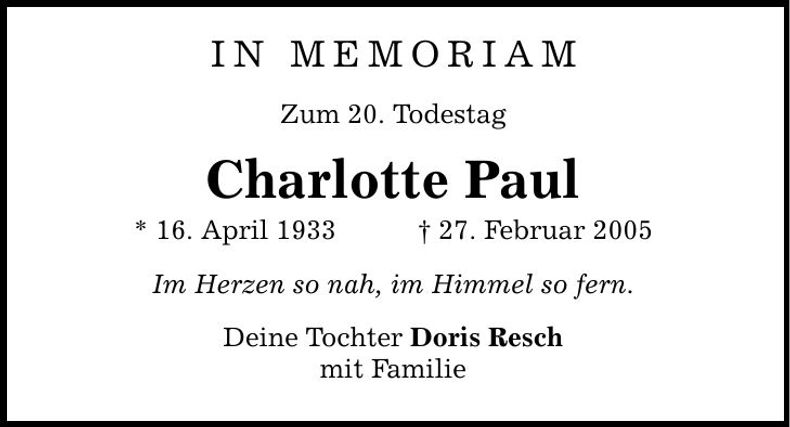 Traueranzeige Charlotte Paul