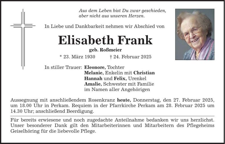 Traueranzeige Elisabeth Frank