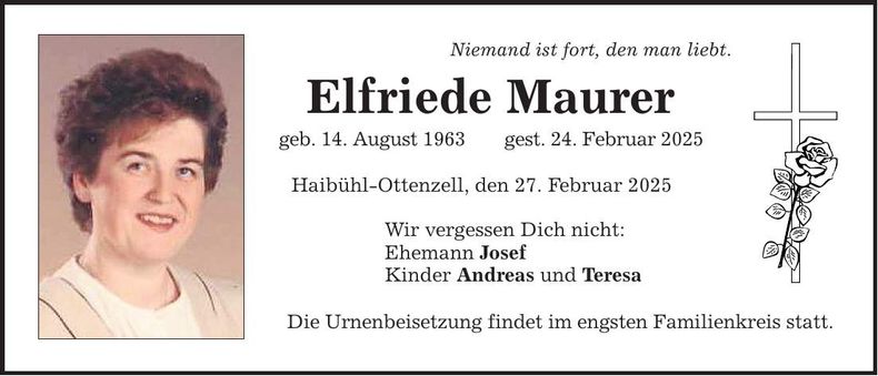 Traueranzeige Elfriede Maurer