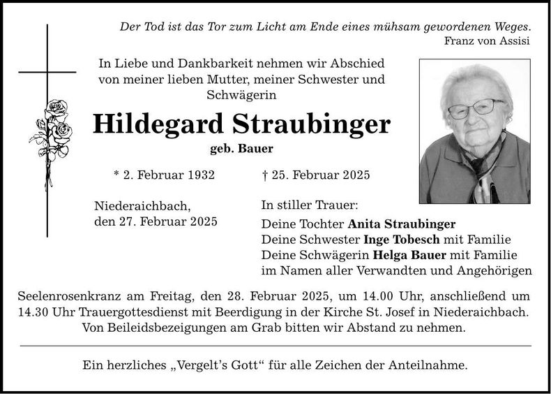 Traueranzeige Hildegard Straubinger