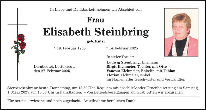 Traueranzeige Elisabeth Steinbring